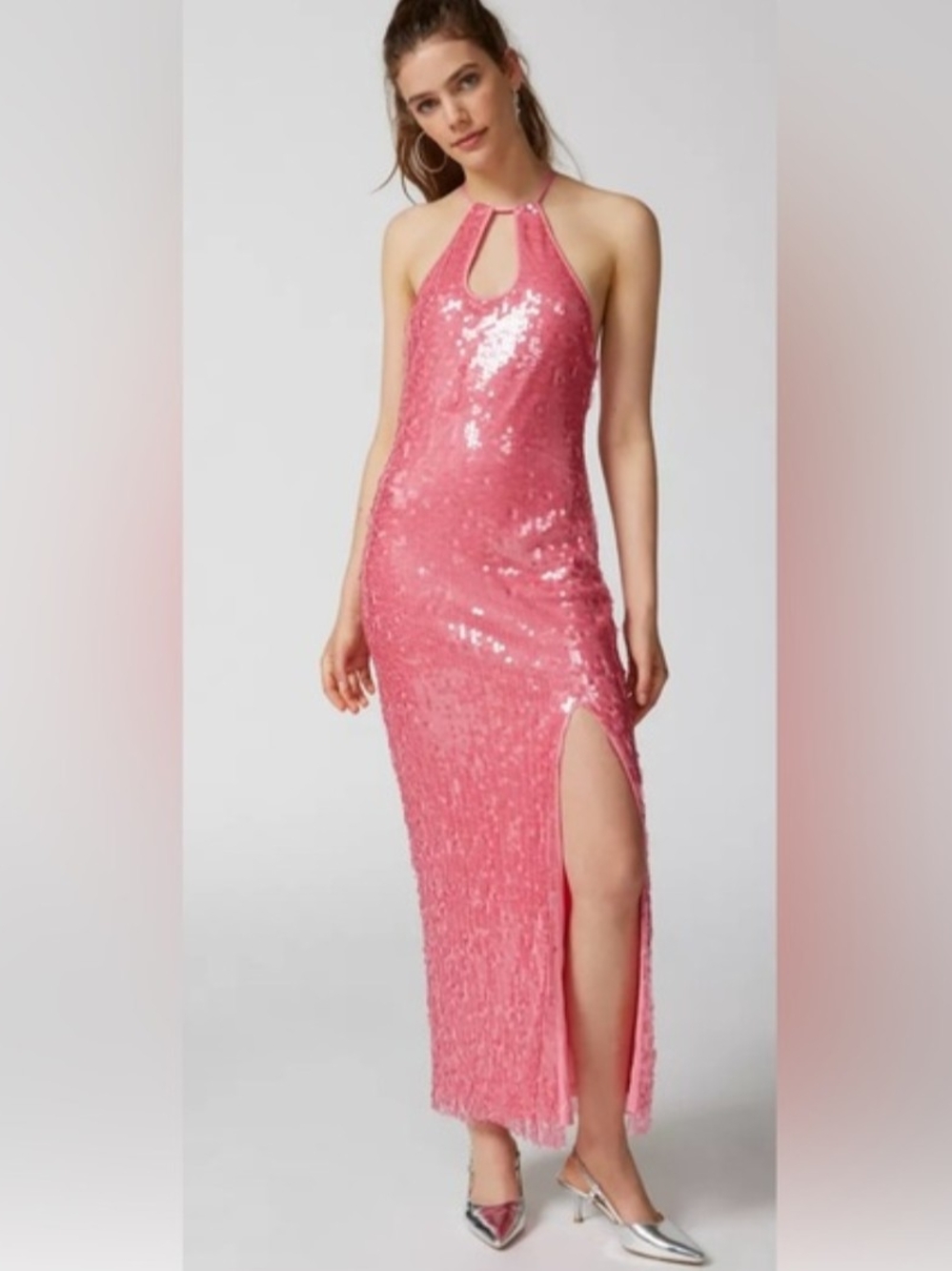 Urban Outfitters "Harley" Pink Sequin Halter Slit Maxi Dress Medium, Barbie
